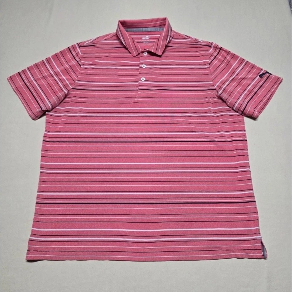 Puma Men XL Lt Red StripedShort Sleeve Casual PoloShirt Pullover Stretch Reg Fit